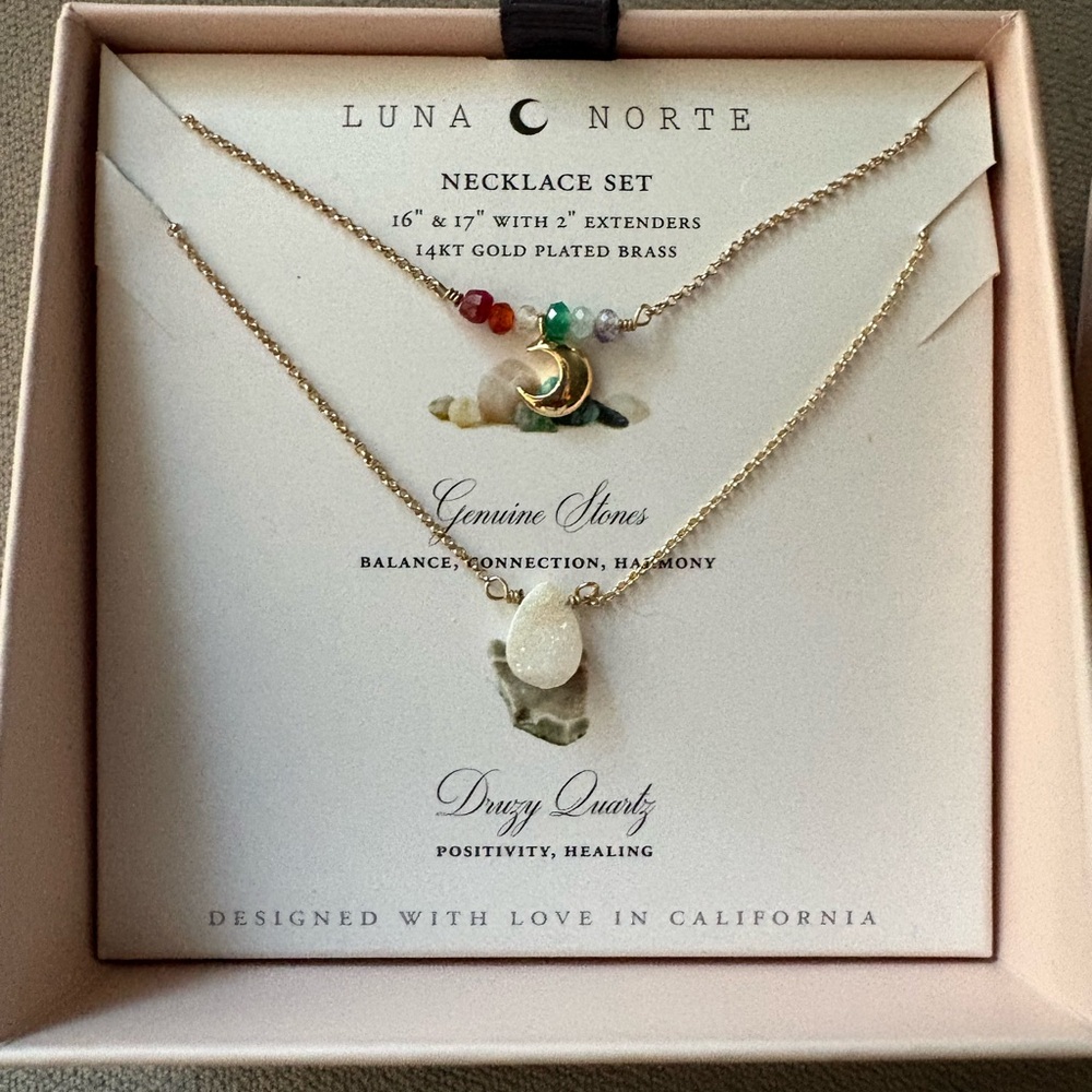 Luna Norte Gold Necklace Set with Genuine Stones & Druzy Quartz